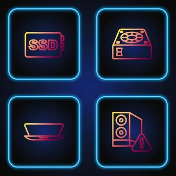 Set line Case of computer, Laptop, SSD card and Computer cooler. Gradient color Illustrazione stock