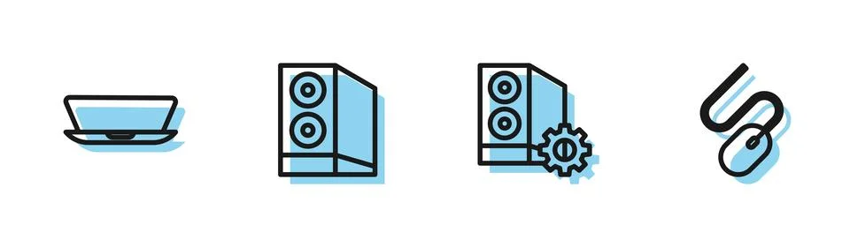 Set line Case of computer, Laptop, and Computer mouse icon. Vector Illustrazione stock