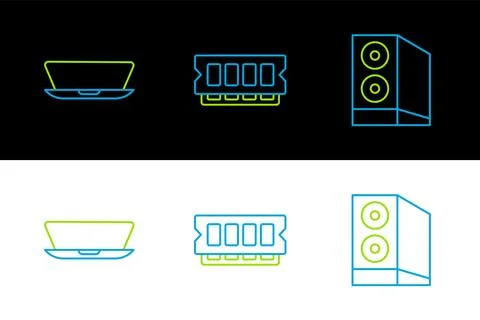 Set line Case of computer, Laptop and RAM, random access memory icon. Vector Stock Illustration