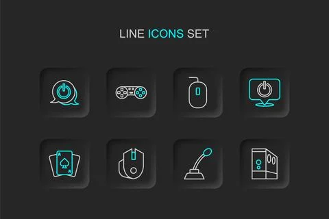 Set line Case of computer, Microphone, Computer mouse, Playing cards, Power.. Stock Illustration