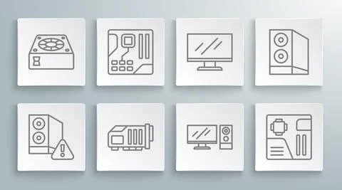 Set line Case of computer, Motherboard digital chip, Video graphic card Illustrazione stock