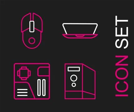 Set line Case of computer, Motherboard digital chip, Laptop and Computer mouse Stock Illustration