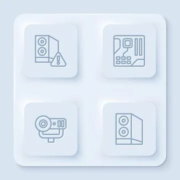 Set line Case of computer, Motherboard digital chip, Web camera and . White.. Illustrazione stock