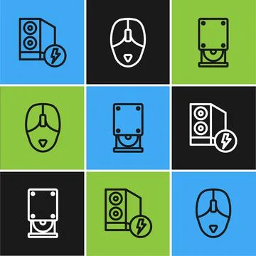 Set line Case of computer, Optical disc drive and Computer mouse icon. Vector Stock Illustration