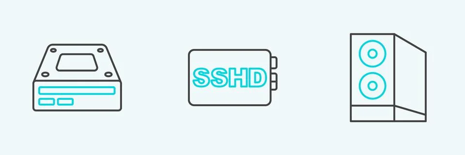 Set line Case of computer, Optical disc drive and SSHD card icon. Vector Stock-Illustration