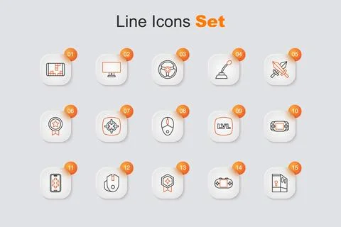 Set line Case of computer, Portable video game console, Game rating with me.. Illustrazione stock