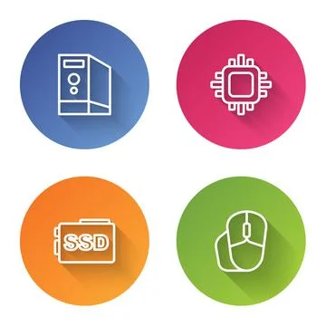 Set line Case of computer, Processor with CPU, SSD card and Computer mouse. C Illustrazione stock