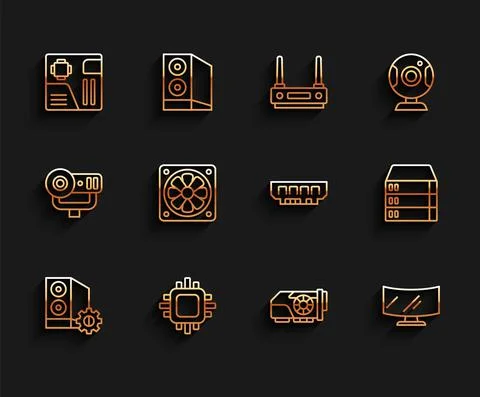 Set line Case of computer, Processor with CPU, Motherboard digital chip, Video Illustrazione stock