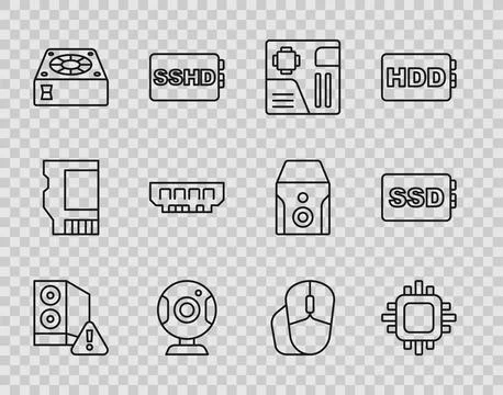 Set line Case of computer, Processor with CPU, Motherboard digital chip, Web Illustrazione stock