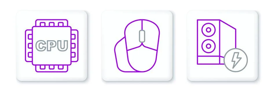 Set line Case of computer, Processor with CPU and Computer mouse icon. Vector 스톡 일러스트
