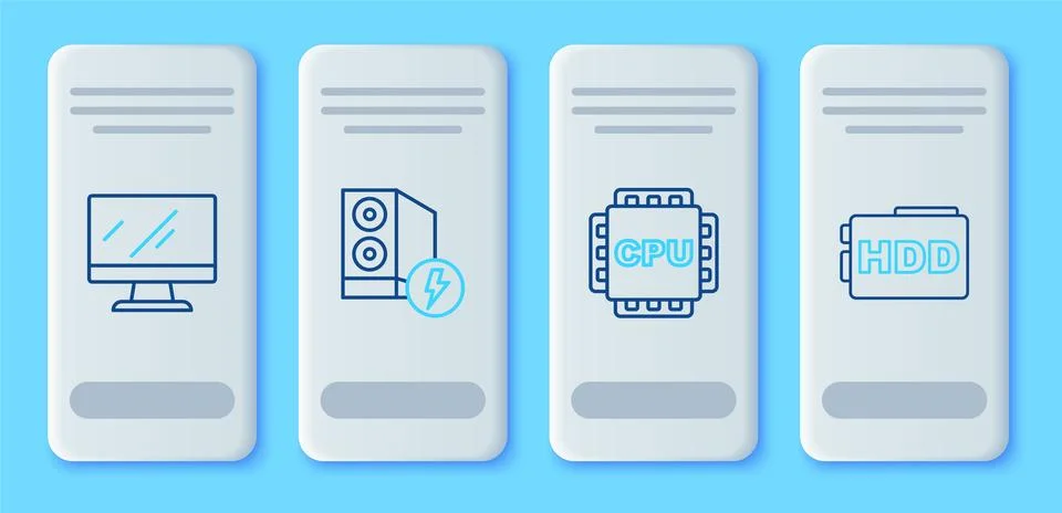 Set line Case of computer, Processor with CPU, Computer monitor screen and .. Stock Illustration