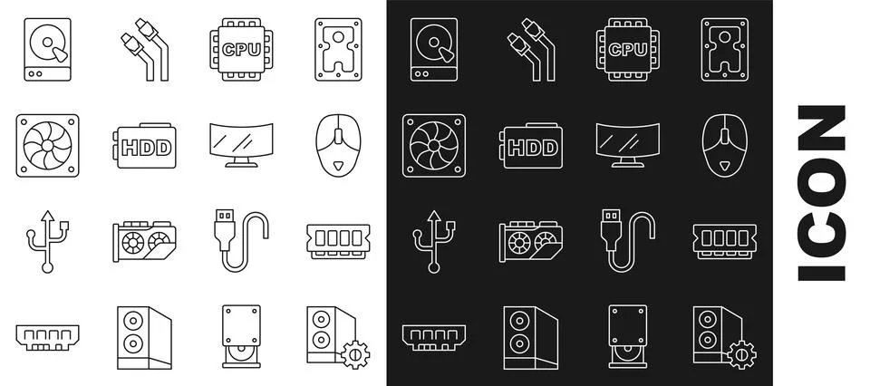 Set line Case of computer, RAM, random access memory, Computer mouse, Processor Illustrazione stock