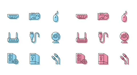 Set line Case of computer, RAM, random access memory, LAN cable network internet Illustrazione stock