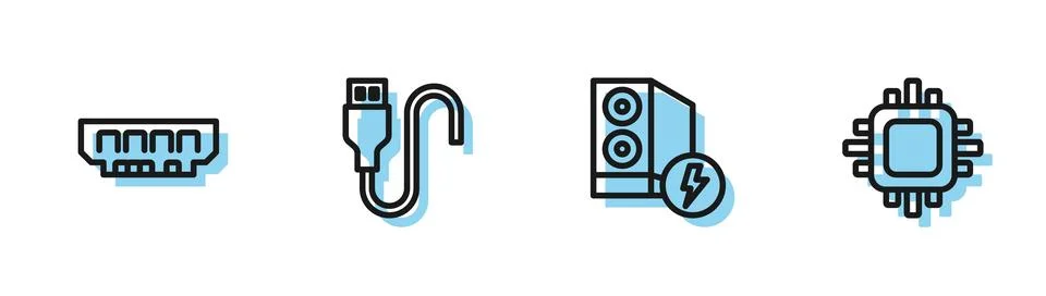 Set line Case of computer, RAM, random access memory, USB cable cord and Illustrazione stock