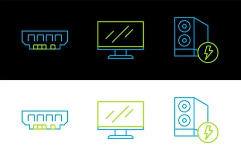 Set line Case of computer, RAM, random access memory and Computer monitor screen Illustrazione stock