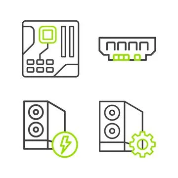 Set line Case of computer, RAM, random access memory and Motherboard digita.. Illustrazione stock