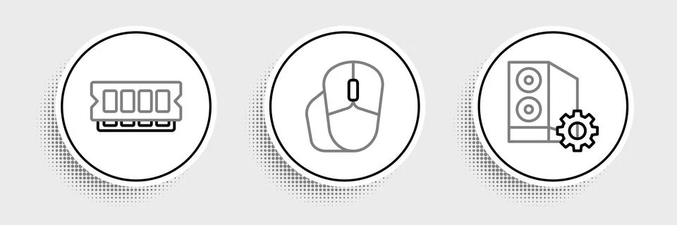 Set line Case of computer, RAM, random access memory and Computer mouse ico.. Stock Illustration