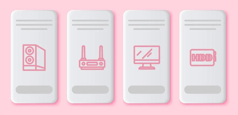 Set line Case of computer, Router and wi-fi signal, Computer monitor screen and Stockillustratie