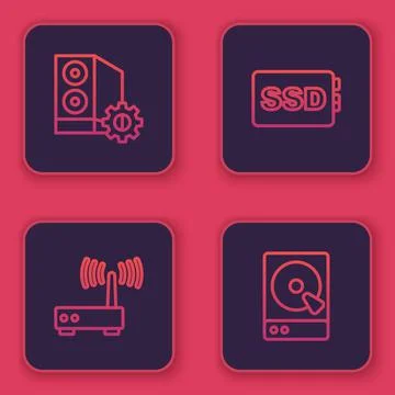 Set line Case of computer, Router and wi-fi signal, SSD card and Hard disk drive Stock Illustration