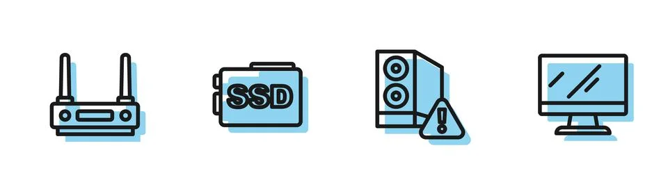 Set line Case of computer, Router and wi-fi signal, SSD card and Computer Stock Illustration