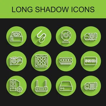 Set line Case of computer, Router and wi-fi signal, Computer cooler, Server,  Stock Illustration