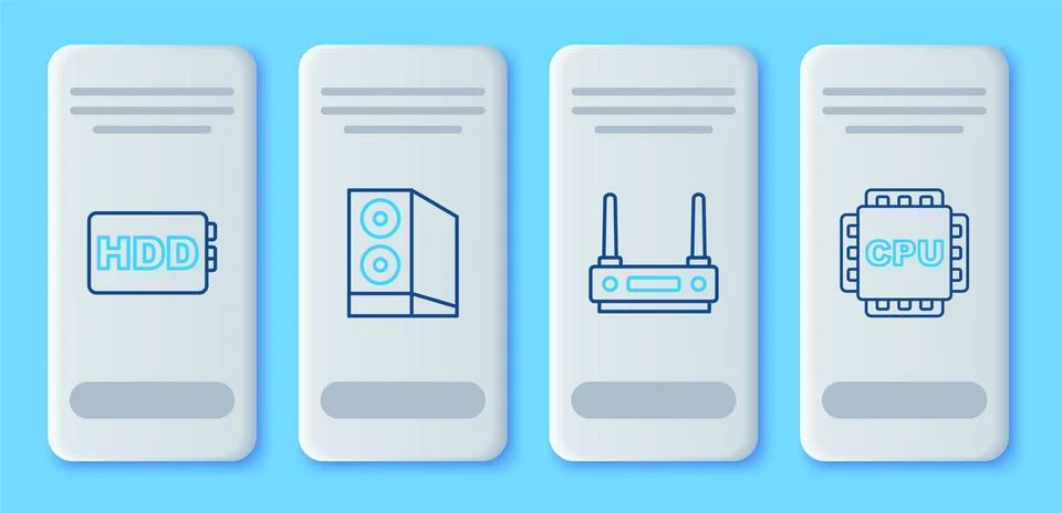 Set line Case of computer, Router and wi-fi signal, Hard disk drive HDD and.. Stock Illustration