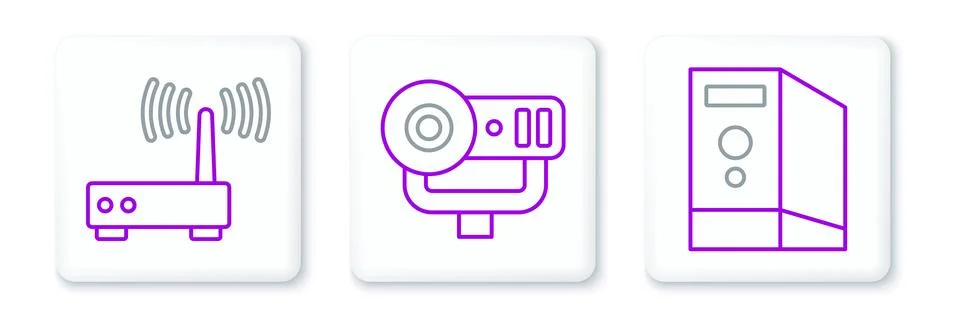 Set line Case of computer, Router and wi-fi signal and Web camera icon. Vecto 스톡 일러스트