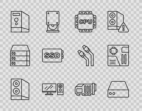 Set line Case of computer, Server, Data, Web Hosting, Processor with CPU Stock Illustration