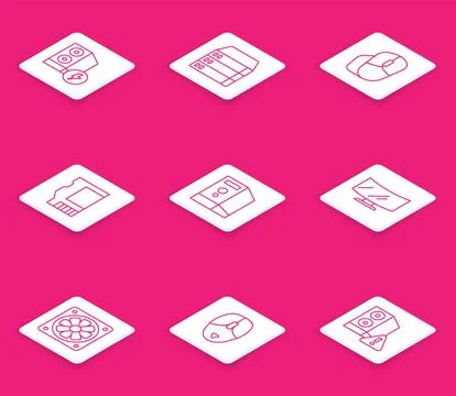 Set line Case of computer, Server, Data, Web Hosting, Computer mouse, SD ca.. Illustrazione stock