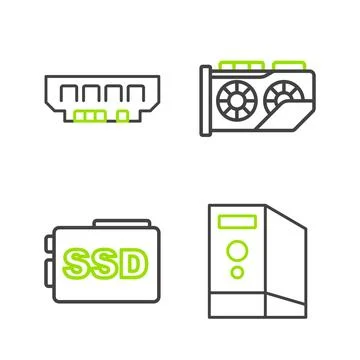 Set line Case of computer, SSD card, Video graphic and RAM, random access m.. Illustrazione stock