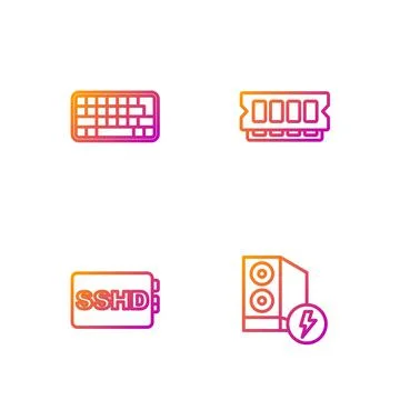 Set line Case of computer, SSHD card, Keyboard and RAM, random access memory Illustrazione stock