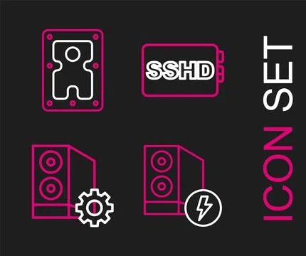 Set line Case of computer, SSHD card and Hard disk drive HDD icon. Vector Illustrazione stock