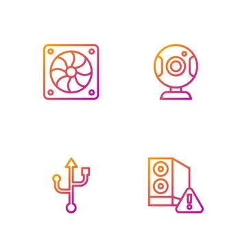 Set line Case of computer, USB, Computer cooler and Web camera. Gradient color 스톡 일러스트