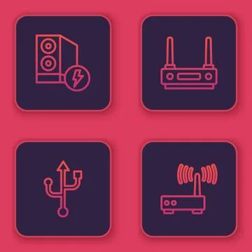 Set line Case of computer, USB, Router and wi-fi signal and . Blue square button Stock Illustration