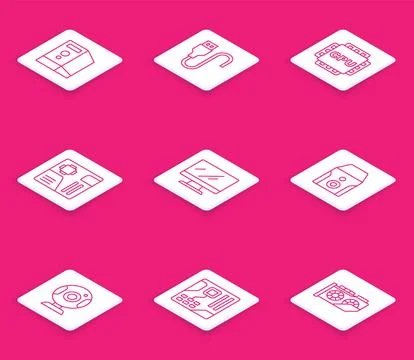 Set line Case of computer, USB cable cord, Processor with CPU, Motherboard イラスト素材