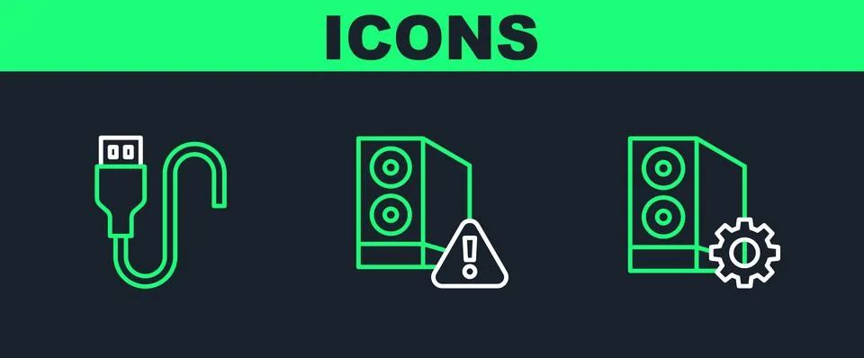 Set line Case of computer, USB cable cord and  icon. Vector 스톡 일러스트