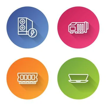 Set line Case of computer, Video graphic card, RAM, random access memory and Illustrazione stock