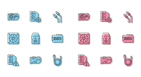 Set line Case of computer, Video graphic card, Electric plug, Uninterruptible 스톡 일러스트