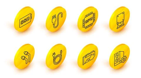 Set line Case of computer, Video graphic card, Electric plug, LAN cable network Illustrazione stock