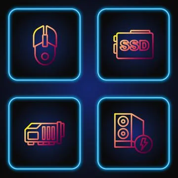 Set line Case of computer, Video graphic card, Computer mouse and SSD. Gradient Illustrazione stock
