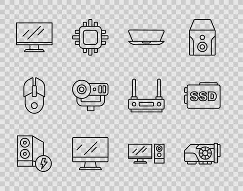 Set line Case of computer, Video graphic card, Laptop, Computer monitor screen 스톡 일러스트
