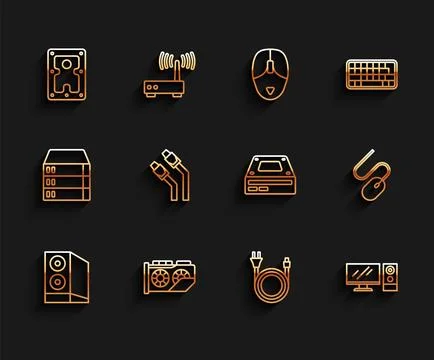 Set line Case of computer, Video graphic card, Hard disk drive HDD, Electric 스톡 일러스트