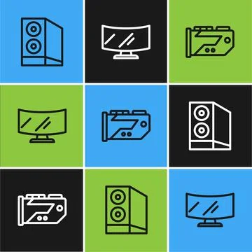 Set line Case of computer, Video graphic card and Computer monitor screen i.. Stockillustratie