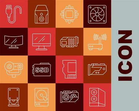 Set line Case of computer, Video graphic card, Router and wi-fi signal, Pro.. Stock Illustration