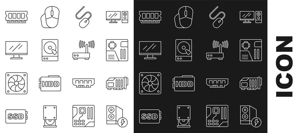 Set line Case of computer, Video graphic card, Motherboard digital chip, Co.. 스톡 일러스트