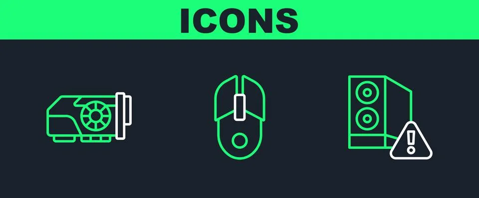 Set line Case of computer, Video graphic card and Computer mouse icon. Vector Stock Illustration
