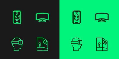 Set line Case of computer, Virtual reality glasses, Mobile gaming and Computer Illustrazione stock