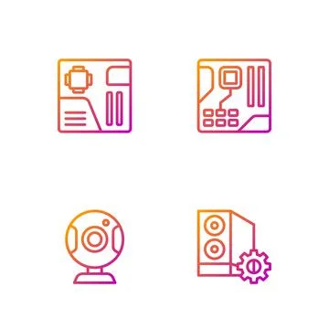 Set line Case of computer, Web camera, Motherboard digital chip and . Gradient 스톡 일러스트