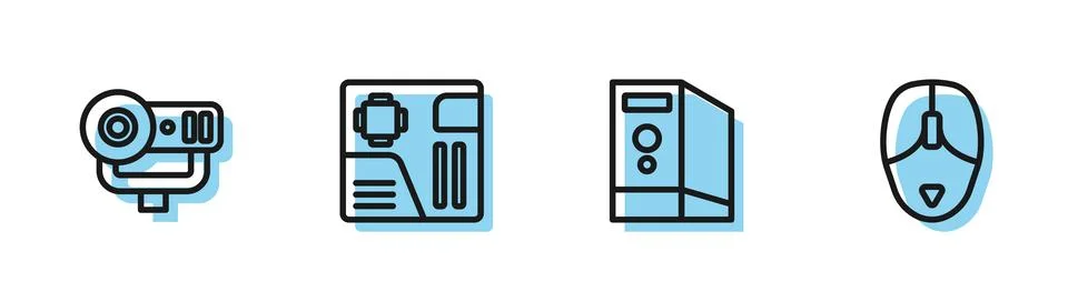 Set line Case of computer, Web camera, Motherboard digital chip and Computer Stock Illustration