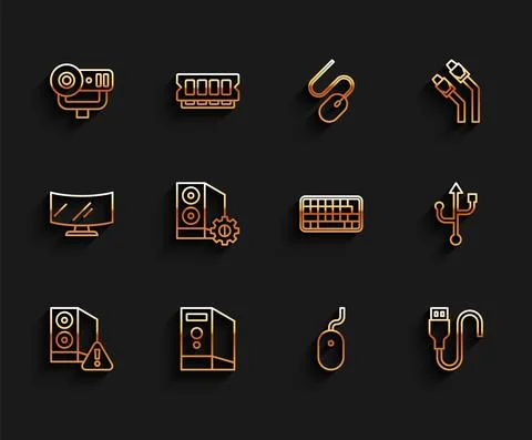 Set line Case of computer, Web camera, Computer mouse, USB cable cord, and Illustrazione stock
